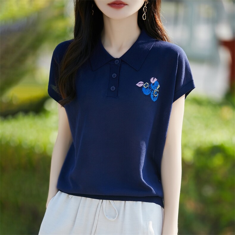 2025夏季翻领短袖T恤女宽松百搭时尚洋气上衣薄款透气小飞袖T恤衫,女装T恤,暖烁羊绒
