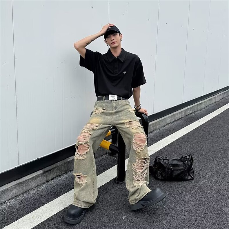 废土做旧复古水洗高街破洞牛仔裤男阔腿小众设计感乞丐裤-AK233,男装牛仔裤,星座601-2