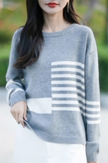 几何条纹针织衫拼色毛衣女2025新款加厚保暖宽松内搭打底毛衫上衣，女装针织衫/毛衣，佳绒包芯纱店