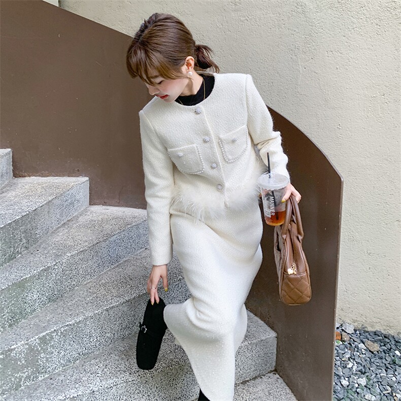 高端轻奢小香风短裙套装女2025年冬季新款鸵鸟毛短外套配半身裙,女装套装/套裙,1D102-1