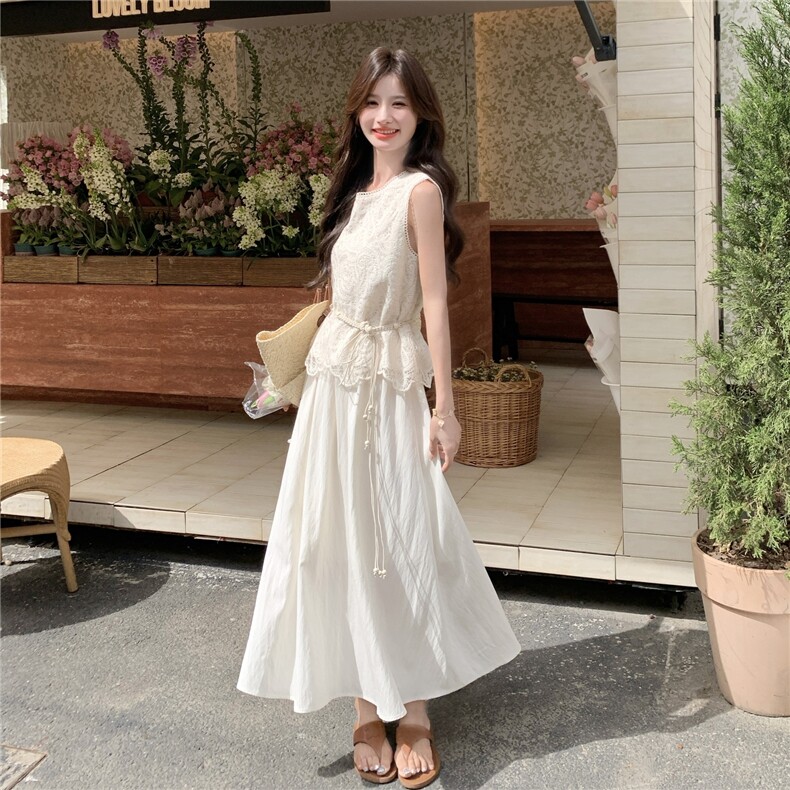 高级小众穿搭文艺风米白色蕾丝无袖套装女夏超火好看阔腿裤两件套,女装连衣裙,2C166