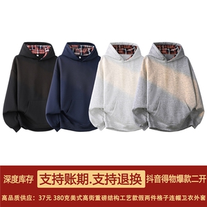 抖音得物高品质美式高街重磅结构设计假两件格子连帽卫衣外套W106图片