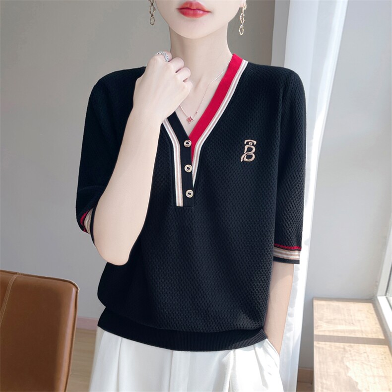 夏季新款莱赛尔天丝撞色V领刺绣短袖女宽松百搭显瘦时尚休闲上衣,女装T恤,暖娇绒包芯纱店