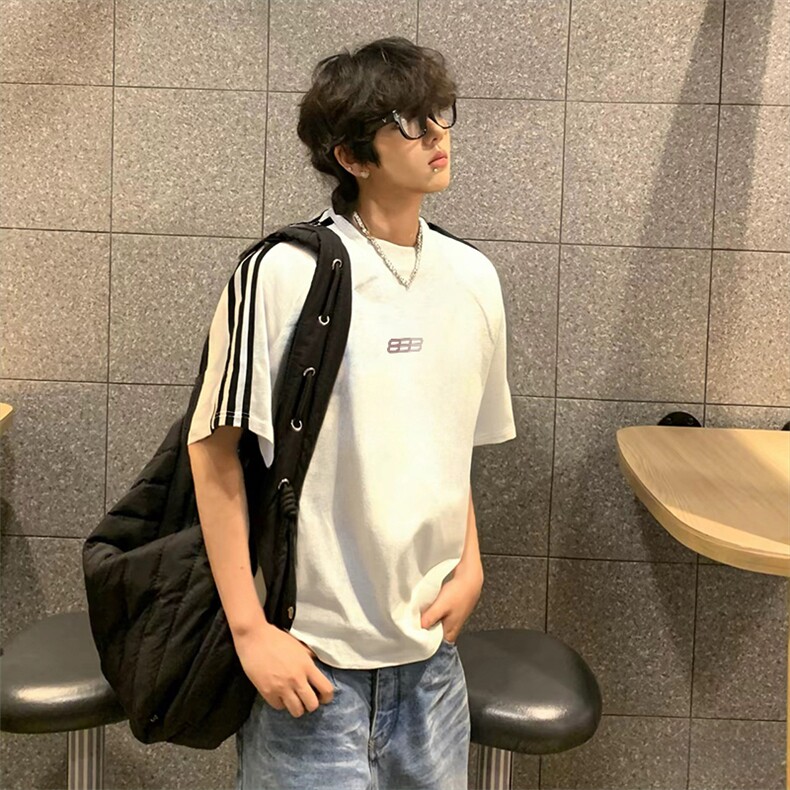 抖音得物高品质二开240克宽松纯棉美式潮牌三条杠织带短袖T恤，男装T恤，电商A486-1