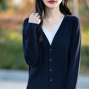 2025春秋新款V领假两件长袖针织外套女洋气减龄外搭毛衣薄款开衫图片