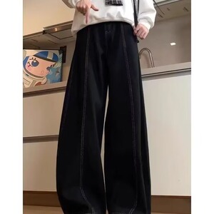 春秋高街潮流辑明线设计色织弯刀裤男士高级感宽松百搭阔腿牛仔裤图片