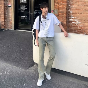 潮高街裤子潮ins拉链直筒裤修身牛仔裤男裤脚 NZ789图片