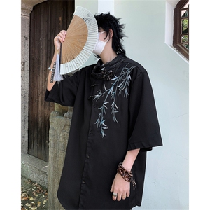 新中式风冰丝短袖衬衫男士2024新款夏季高级感休闲衬衣男生外套图片