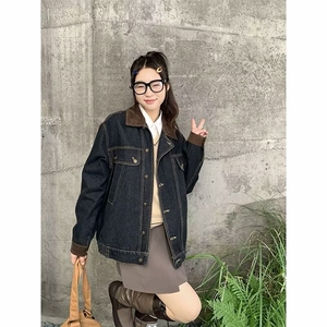 美式复古高街牛仔外套男女春秋季潮牌翻领宽松夹克上衣图片