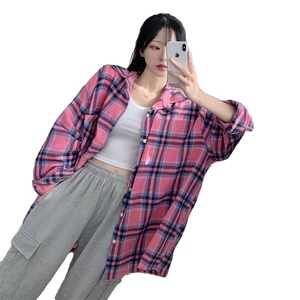 春装~情侣长袖衬衫宽松格子衬衣男女生大格纹寸衣外套图片