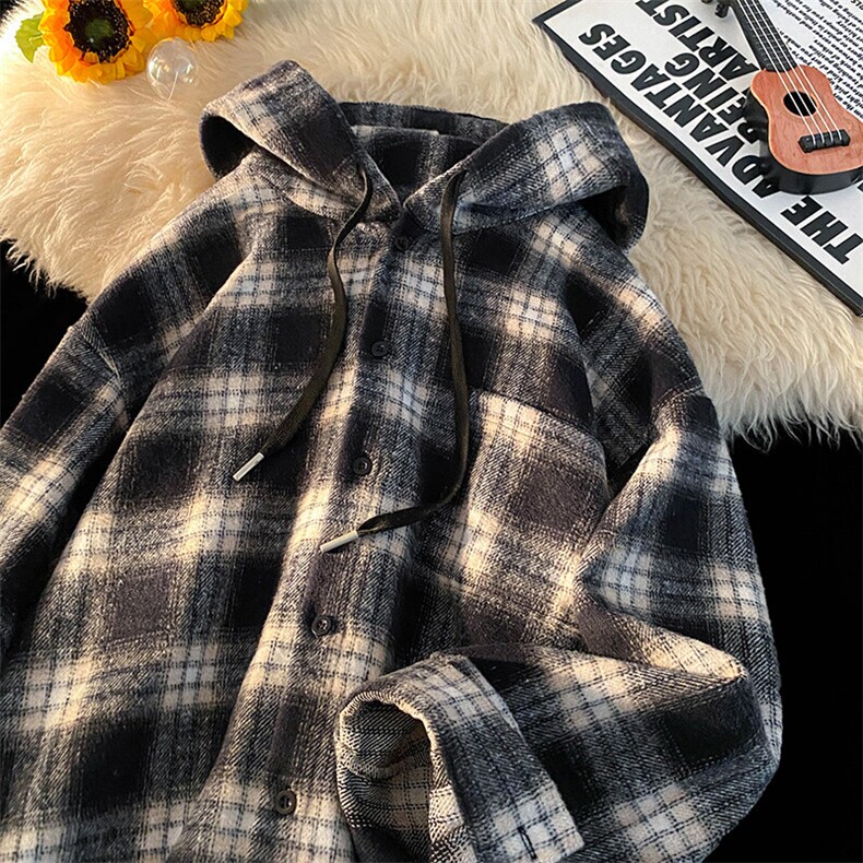 2025新款连帽衬衫格子外套潮流百搭长袖上衣A086-SY6292-P50，男装夹克，电商基地A086