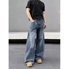 小众设计感弯刀裤男美式做旧牛仔裤宽松显瘦阔腿裤子LG31733-P57，男装牛仔裤，星座1008