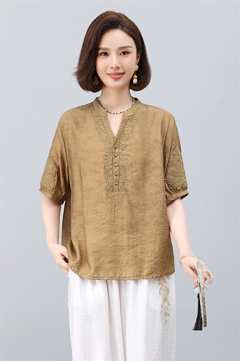 高端女2025夏装新中式天丝麻小衫文艺气质复古妈妈棉麻,女装衬衫,凝聚力