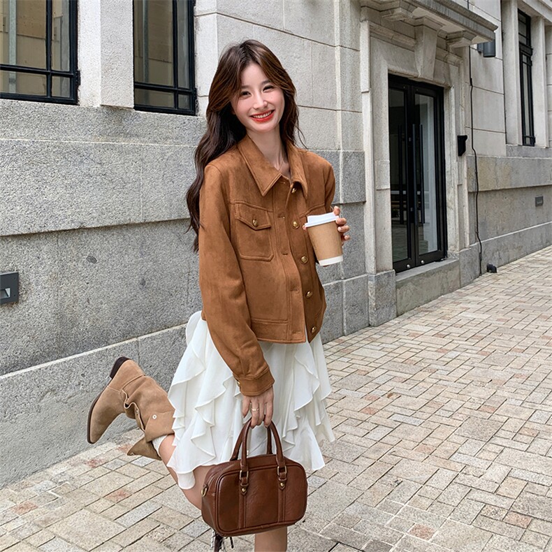 小个子早秋外套女短款2025新款今年流行又a又飒麂皮绒机车服夹克,女装短外套,2C029