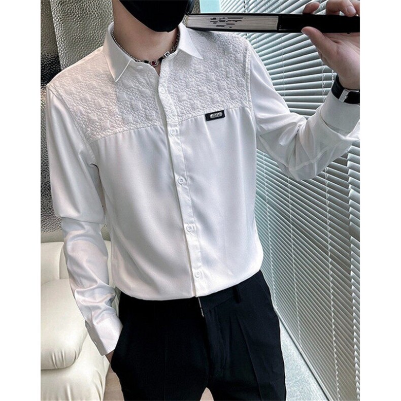 春秋发型师男装长袖拼接休闲衬衫男网红同款修身帅气衬衣CA615,男装衬衫,星座1116A-2（原606A-1）