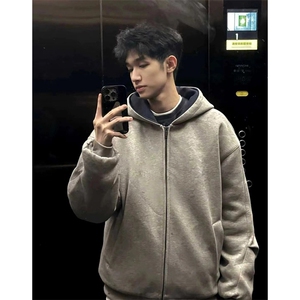抖音得物二开美式高街重磅结构双层撞色连帽卫衣开衫外套W116图片
