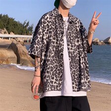 短袖衬衫春款男港风潮流冰丝豹纹五分袖衬衫CS17P30，男装衬衫，星座1116-2
