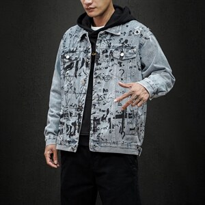 jk823-p90-限价128黑墙牛仔夹克肥仔秋款量足印花大码图片