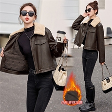 安可拉红加棉加厚皮衣女短外套polo领气质减龄百搭机车皮夹克，女装皮衣，吾爱衣