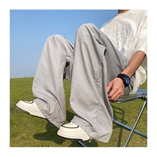 蓝色速干裤子男款夏薄款冰丝透气伞兵裤褶皱设计感直筒阔腿裤，男装休闲裤，星座506A