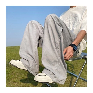 蓝色速干裤子男款夏薄款冰丝透气伞兵裤褶皱设计感直筒阔腿裤图片