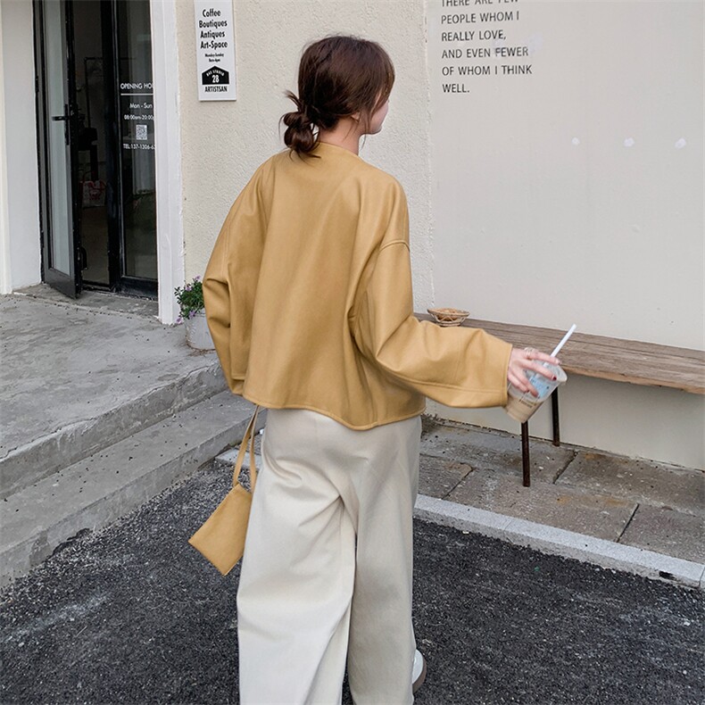 春秋新款女装时尚气质百搭显瘦短款外套女长袖圆领PU皮夹克上衣,女装短外套,维壹