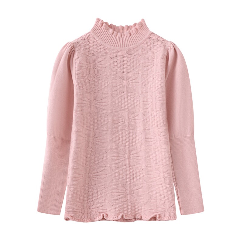 甜美公主风木耳边半高领女童针织衫粉色长袖毛衣柔软舒适春秋季节，童装儿童针织衫，伊美侕