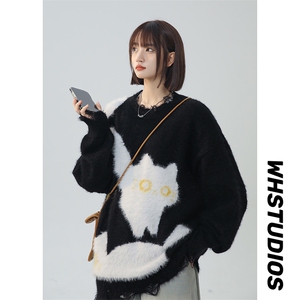 美式复古学院风猫猫趣味针织衫情侣毛衣XZ225-3-MY809-P80控98图片