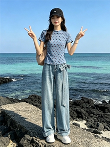 女夏季新款时尚休闲套装蓝色波点上衣烫钻阔腿牛仔长裤两件套显瘦图片