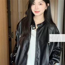 春季新款复古酷飒立领机车皮衣女韩版休闲黑色夹克外套，女装皮衣，星座506A