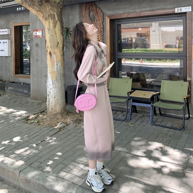 今年流行超好看渐变粉色牛仔衬衫半身裙女初秋2025新款绝美套装裙,女装套装/套裙,多米2-075