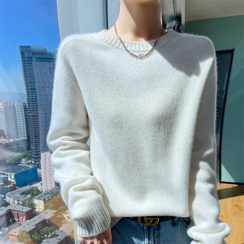 圆领羊毛衫长袖套头纯色2024年秋季百搭,女装羊毛衫,冀清阳荣