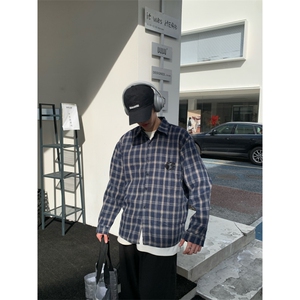 格纹撞色绣花衬衫男女翻领休闲宽松长袖情侣上衣格子衬衣-CS191图片