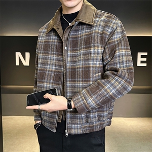 毛呢格子羽绒服男假两件翻领外套保暖上衣标50 B317/6535/P225图片
