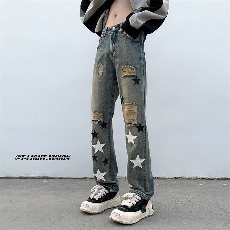 B221 美式ins高街小众五角星假破洞小脚牛仔裤 LK23027-P65 控88图片