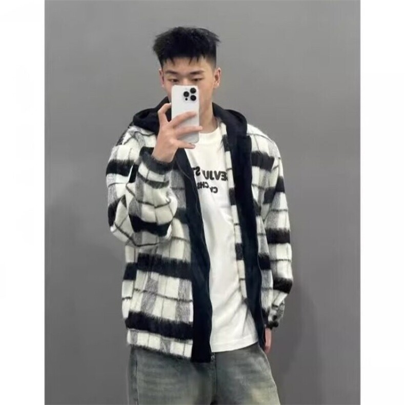 小香风假两件连帽格子外套男士冬季新款复古青年宽松休闲毛呢夹克,男装夹克,星座506A