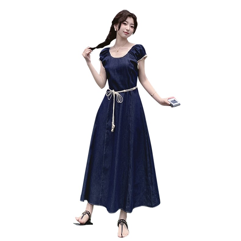 2025年夏季新款洋气系带收腰牛仔连衣裙女设计感蕾丝长裙,女装连衣裙,欧黛芙妮