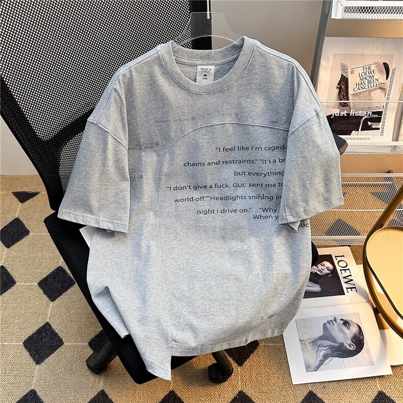简约字母印花不规则拼接短袖T恤夏季宽松情侣街头潮牌嘻哈半袖衫,男装T恤,星座1013