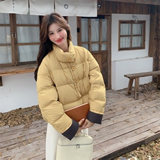 韩系chic黄色泡芙羽绒服女冬超火好看高级小众短款加厚面包服外套，女装羽绒服，2C011