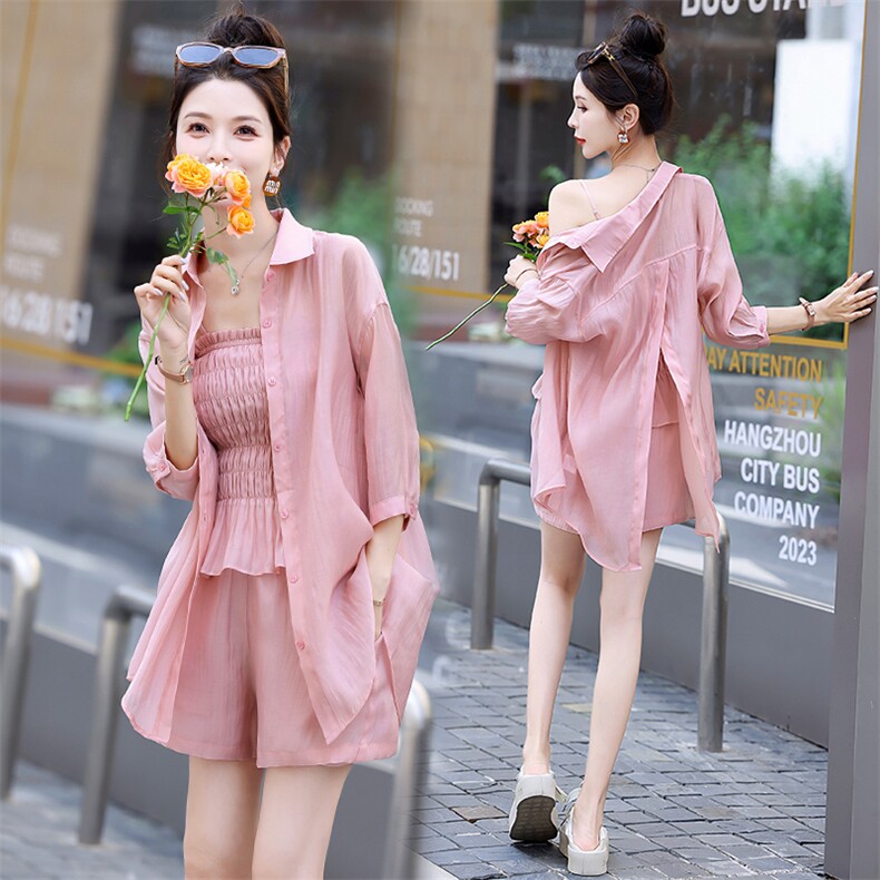 2025春夏季洋气休闲气质修身翻领褶皱长袖天丝套裤时尚套装三件套，女装套装/套裙，润尚靓点