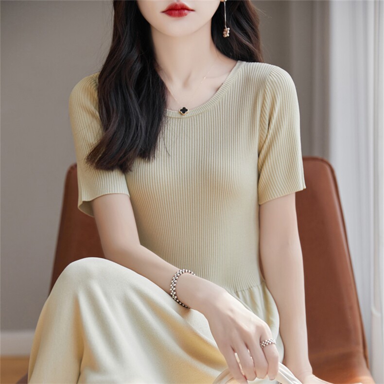 圆领拼接连衣裙女夏季2025新款温柔风收腰显瘦气质针织冰丝长裙,女装连衣裙,暖姿羊绒