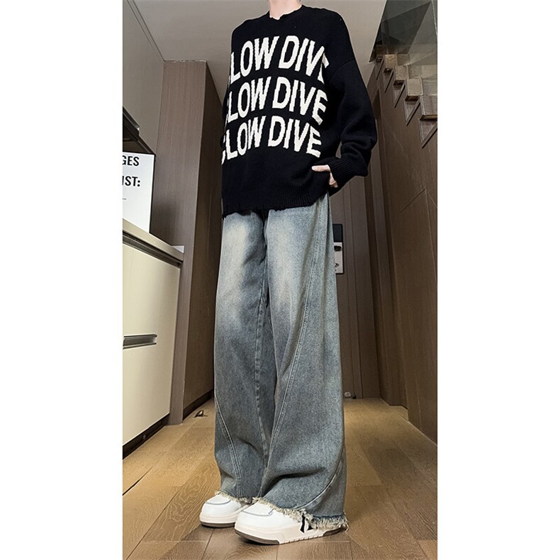 现货直筒渐变休闲裤女宽松复古蓝毛边牛仔裤男K5825-P55控78,男装休闲裤,星座205