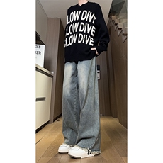 现货直筒渐变休闲裤女宽松复古蓝毛边牛仔裤男K5825-P55控78，男装休闲裤，星座205