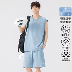 特批P50无差价夏季薄款透气纯色无袖大码背心短裤速干套装TZ5591，男装休闲套装，电商A001-1