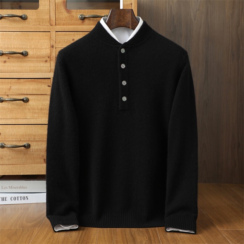 秋冬季新款舒适时尚百搭7针加厚亨利领男士羊绒衫，男装羊绒套衫，伊绒腾羊绒