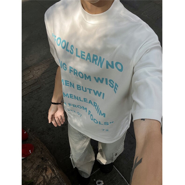 字母印花半高领短袖T恤男春秋季cleanfit痞帅设计感宽松休闲上衣,男装T恤,电商A072