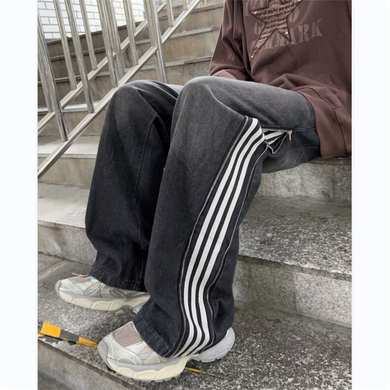 美式高街牛仔裤男韩版潮侧边拉链条纹2024秋冬ins长裤RK1124-P51,男装牛仔裤,星座412-2