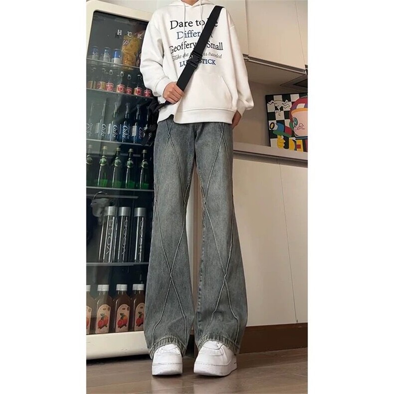 美式高街青少年2025年春秋季新款牛仔裤男装拼接长裤设计感微喇,男装牛仔裤,星座1210-1