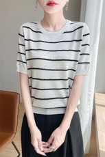 显瘦条纹短袖T恤女夏季2025新款打底衫洋气大码女装冰丝针织上衣，女装针织衫/毛衣，萱芳婷羊绒
