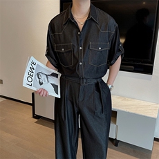 夏季垂感抗皱天丝牛仔短袖衬衫套装高级衬衣裤子两件套TZ258-P140，男装T恤，电商B267